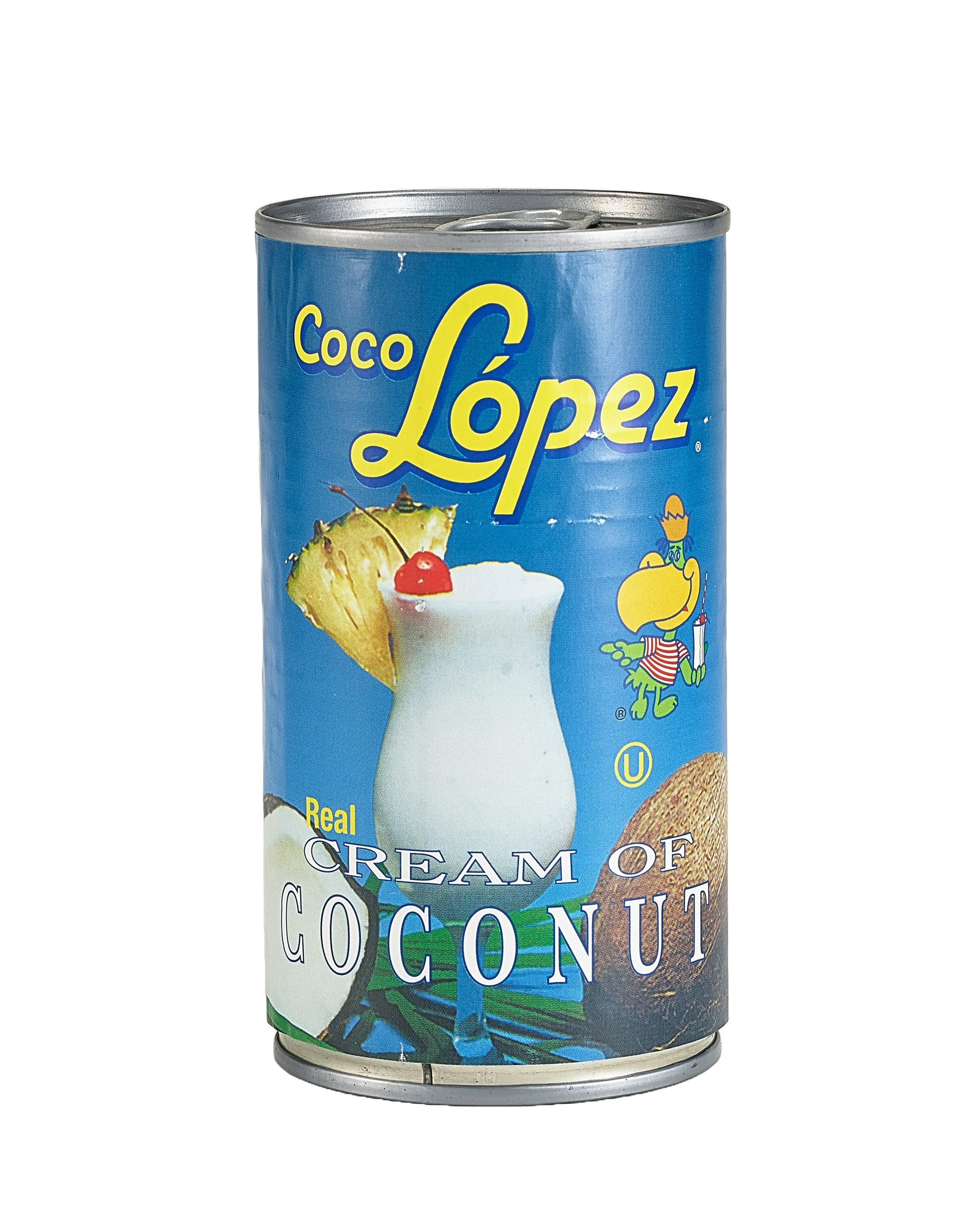 A can of Coco Lopez Cream of Coconut from the Coco Lopez brand features a blue label that depicts a tropical drink garnished with a pineapple slice and cherry. The label, enhanced with yellow and white text, also includes an illustration of a bird in a lush, tropical setting.