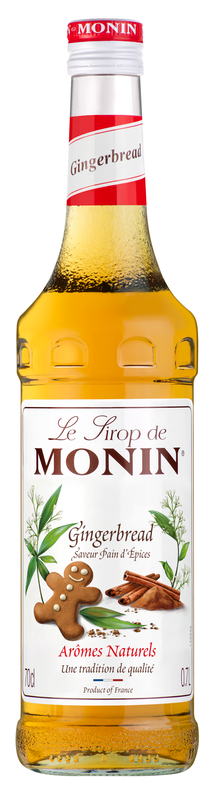 A 70cl bottle of MONIN Gingerbread Syrup, ideal for infusing a festive flavor into your coffees. The label displays "Le Sirop de MONIN" at the top, followed by "Gingerbread" and "Arômes Naturels," featuring an image of a gingerbread cookie and spices with golden brown syrup inside.